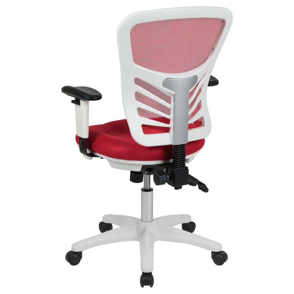 Mid-Back Red Mesh Multifunction Executive Swivel Ergonomic Office Chair with Adjustable Arms and White Frame. Picture 5