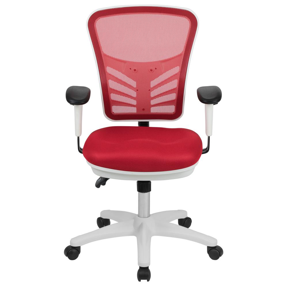 Mid-Back Red Mesh Multifunction Executive Swivel Ergonomic Office Chair with Adjustable Arms and White Frame. Picture 5
