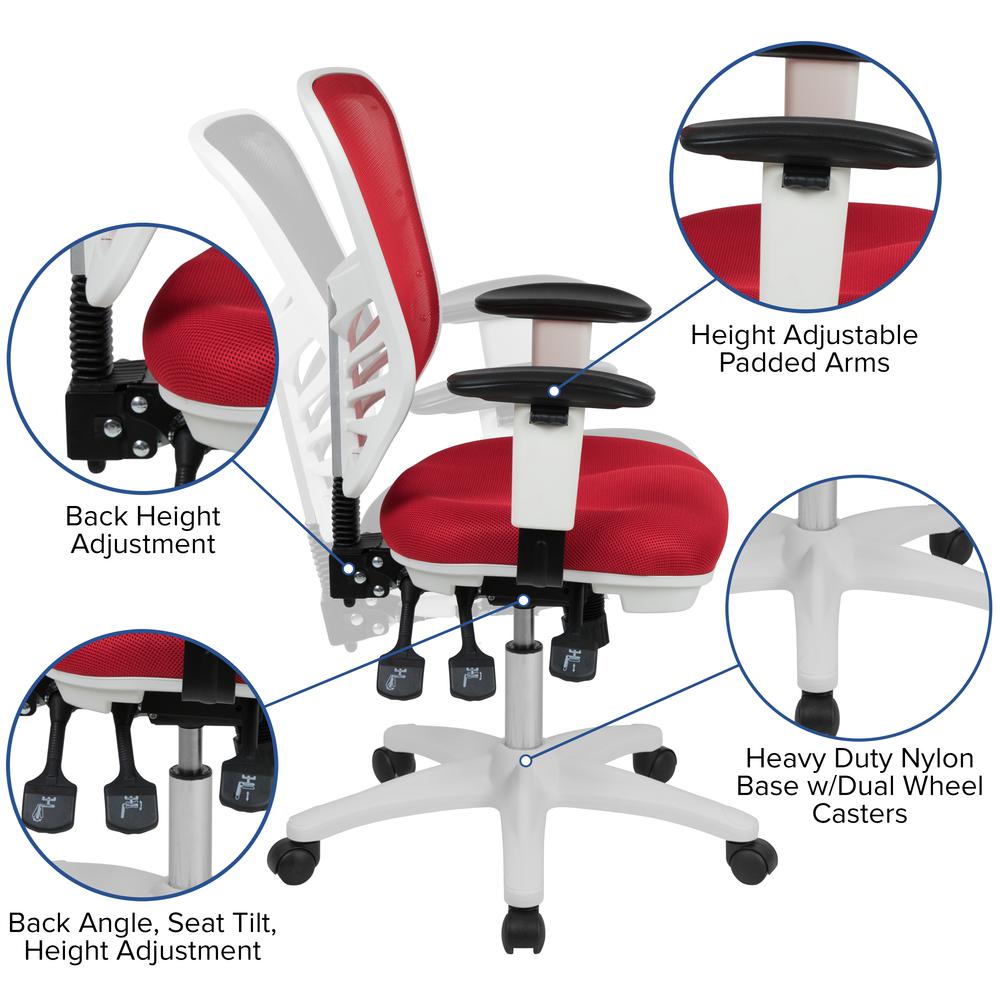 Mid-Back Red Mesh Multifunction Executive Swivel Ergonomic Office Chair with Adjustable Arms and White Frame. Picture 2