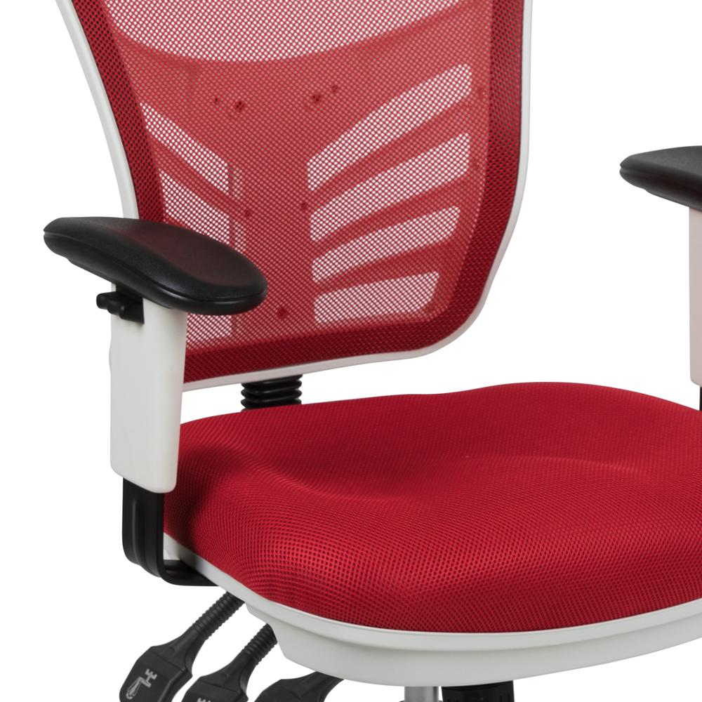 Mid-Back Red Mesh Multifunction Executive Swivel Ergonomic Office Chair with Adjustable Arms and White Frame. Picture 7