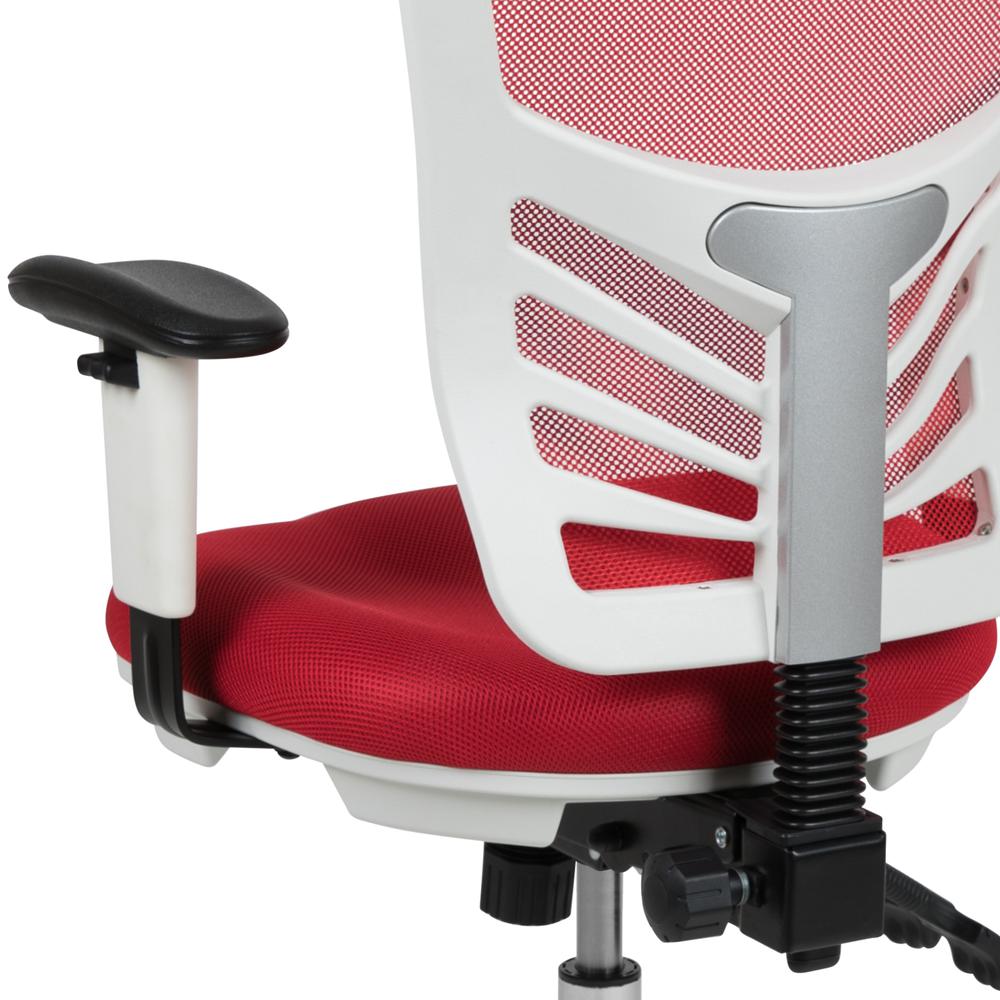 Mid-Back Red Mesh Multifunction Executive Swivel Ergonomic Office Chair with Adjustable Arms and White Frame. Picture 8