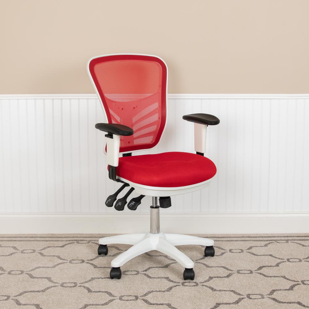 Mid-Back Red Mesh Multifunction Executive Swivel Ergonomic Office Chair with Adjustable Arms and White Frame. Picture 3