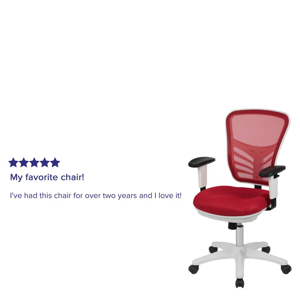 Mid-Back Red Mesh Multifunction Executive Swivel Ergonomic Office Chair with Adjustable Arms and White Frame. Picture 12