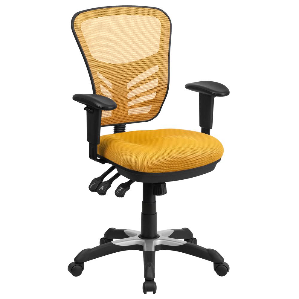 Mid-Back Yellow-Orange Mesh Multifunction Executive Swivel Ergonomic Office Chair with Adjustable Arms. The main picture.