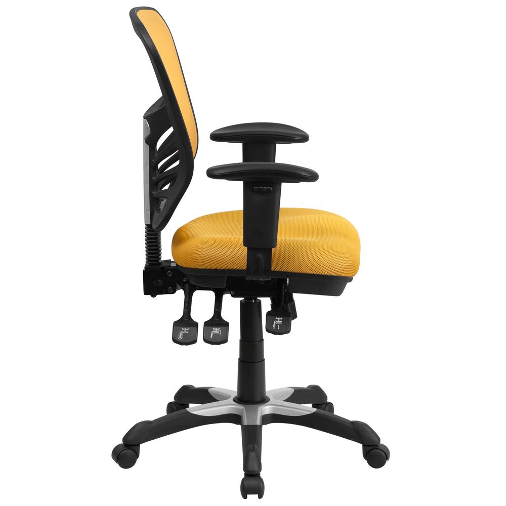 Mid-Back Yellow-Orange Mesh Multifunction Executive Swivel Ergonomic Office Chair with Adjustable Arms. Picture 3