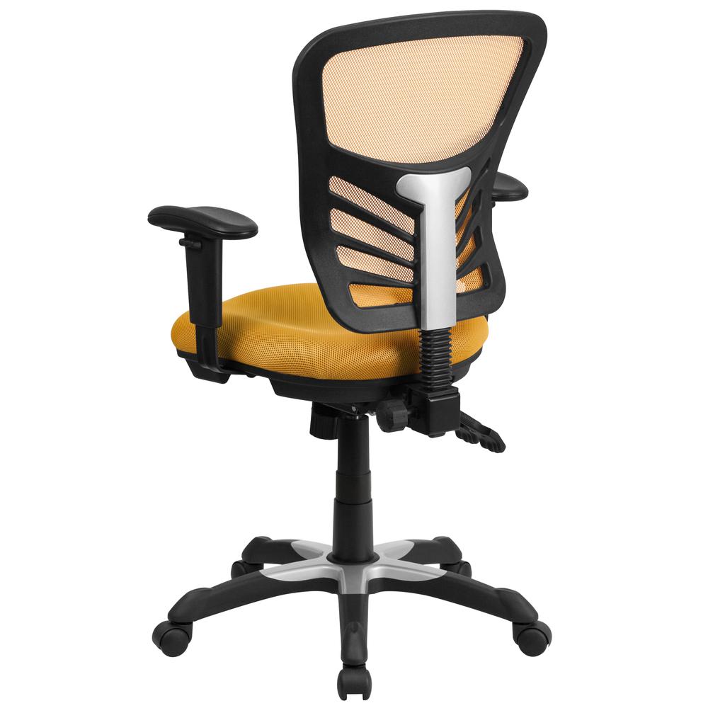 Mid-Back Yellow-Orange Mesh Multifunction Executive Swivel Ergonomic Office Chair with Adjustable Arms. Picture 4