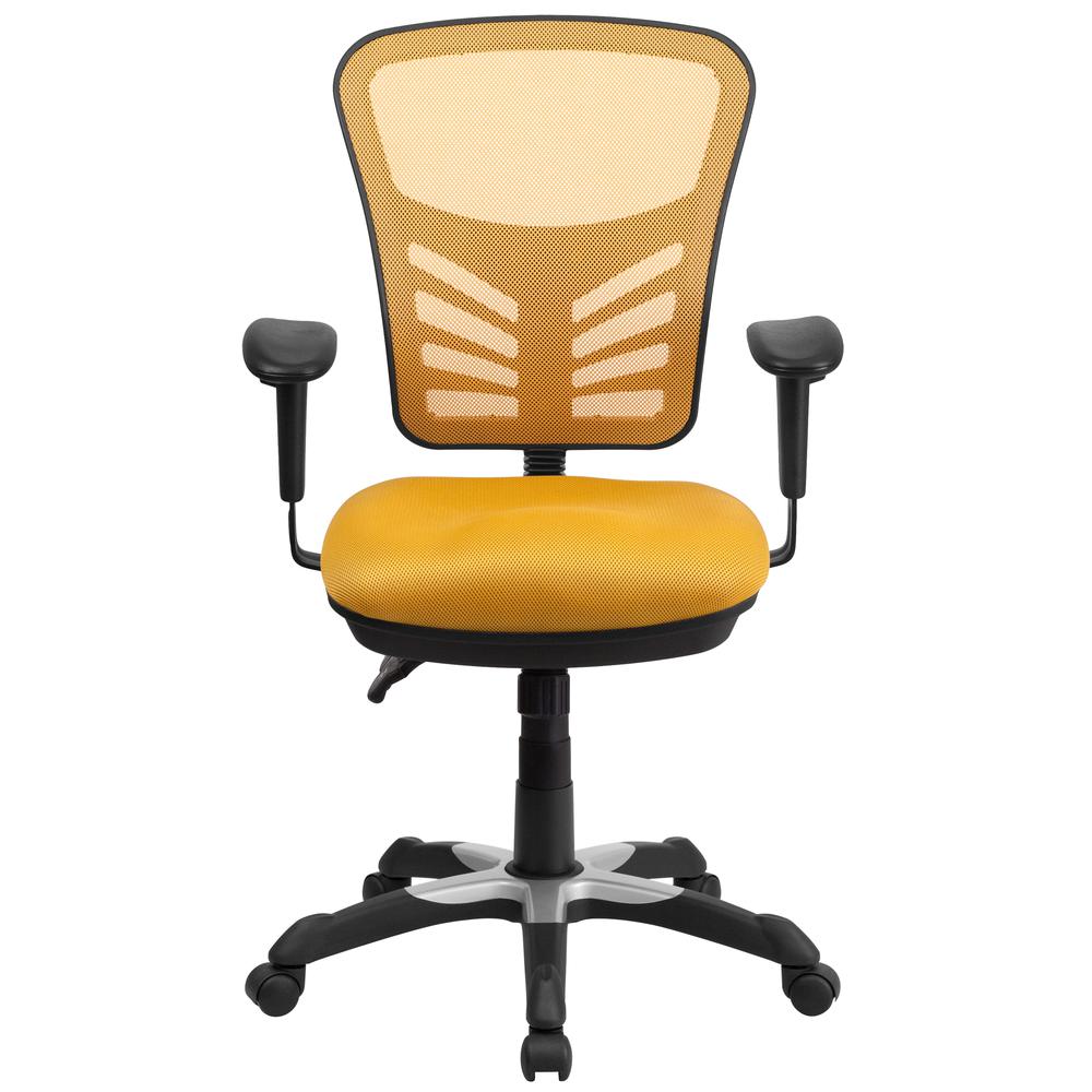Mid-Back Yellow-Orange Mesh Multifunction Executive Swivel Ergonomic Office Chair with Adjustable Arms. Picture 4