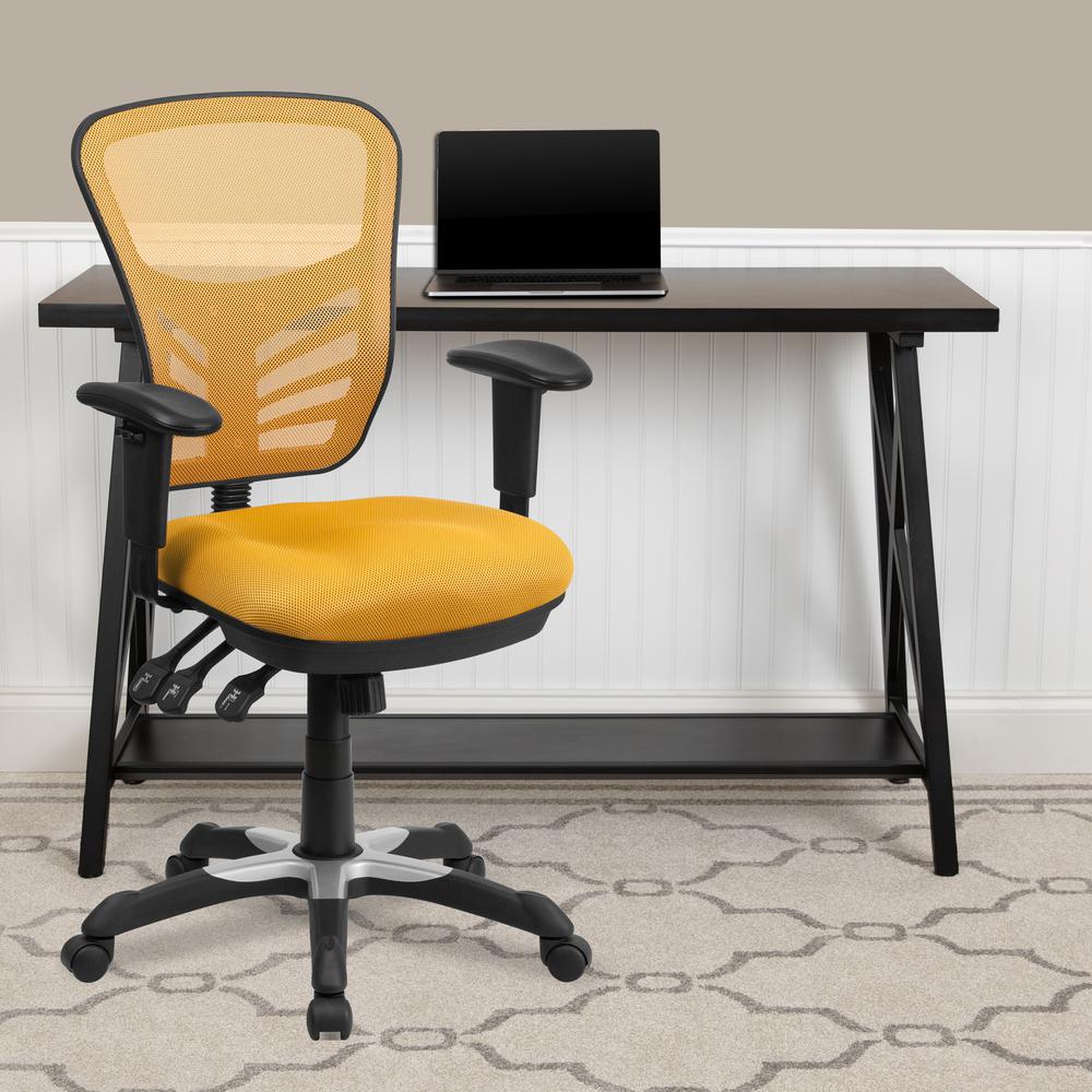 Mid-Back Yellow-Orange Mesh Multifunction Executive Swivel Ergonomic Office Chair with Adjustable Arms. Picture 6