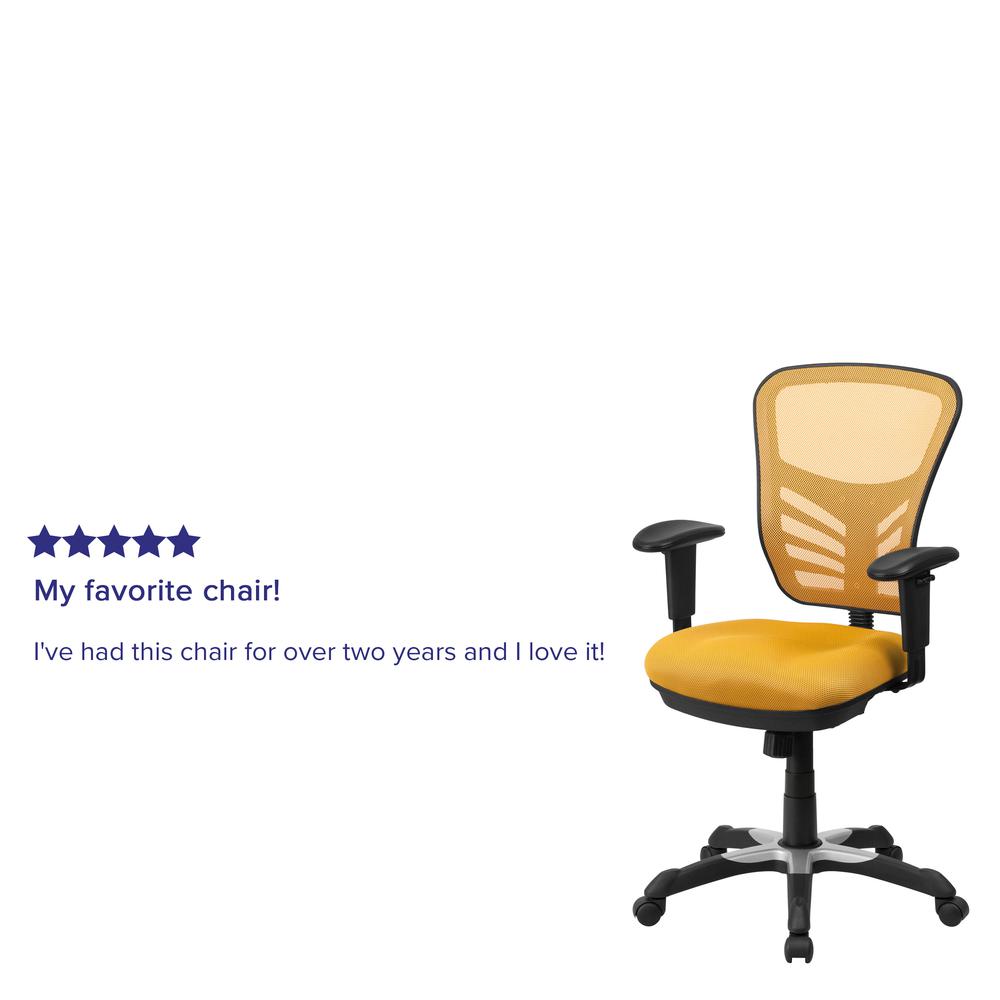 Mid-Back Yellow-Orange Mesh Multifunction Executive Swivel Ergonomic Office Chair with Adjustable Arms. Picture 7