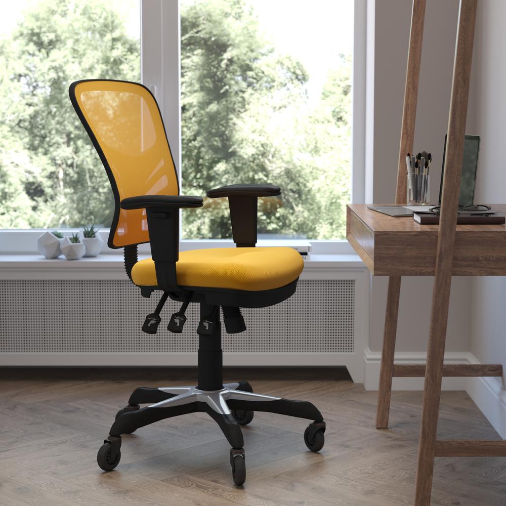 Mid-Back Yellow-Orange Mesh Multifunction Executive Swivel Office Chair. Picture 1