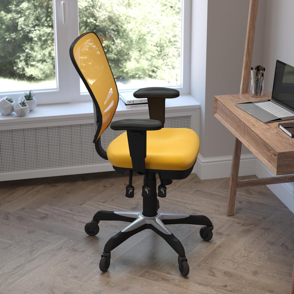 Mid-Back Yellow-Orange Mesh Multifunction Executive Swivel Office Chair. Picture 6