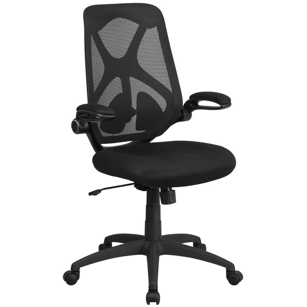 High Back Black Mesh Executive Swivel Ergonomic Office Chair with Adjustable Lumbar, 2-Paddle Control and Flip-Up Arms. The main picture.