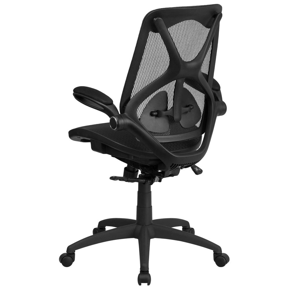High Back Transparent Black Mesh Executive Ergonomic Office Chair with Adjustable Lumbar, 2-Paddle Control & Flip-Up Arms. Picture 3