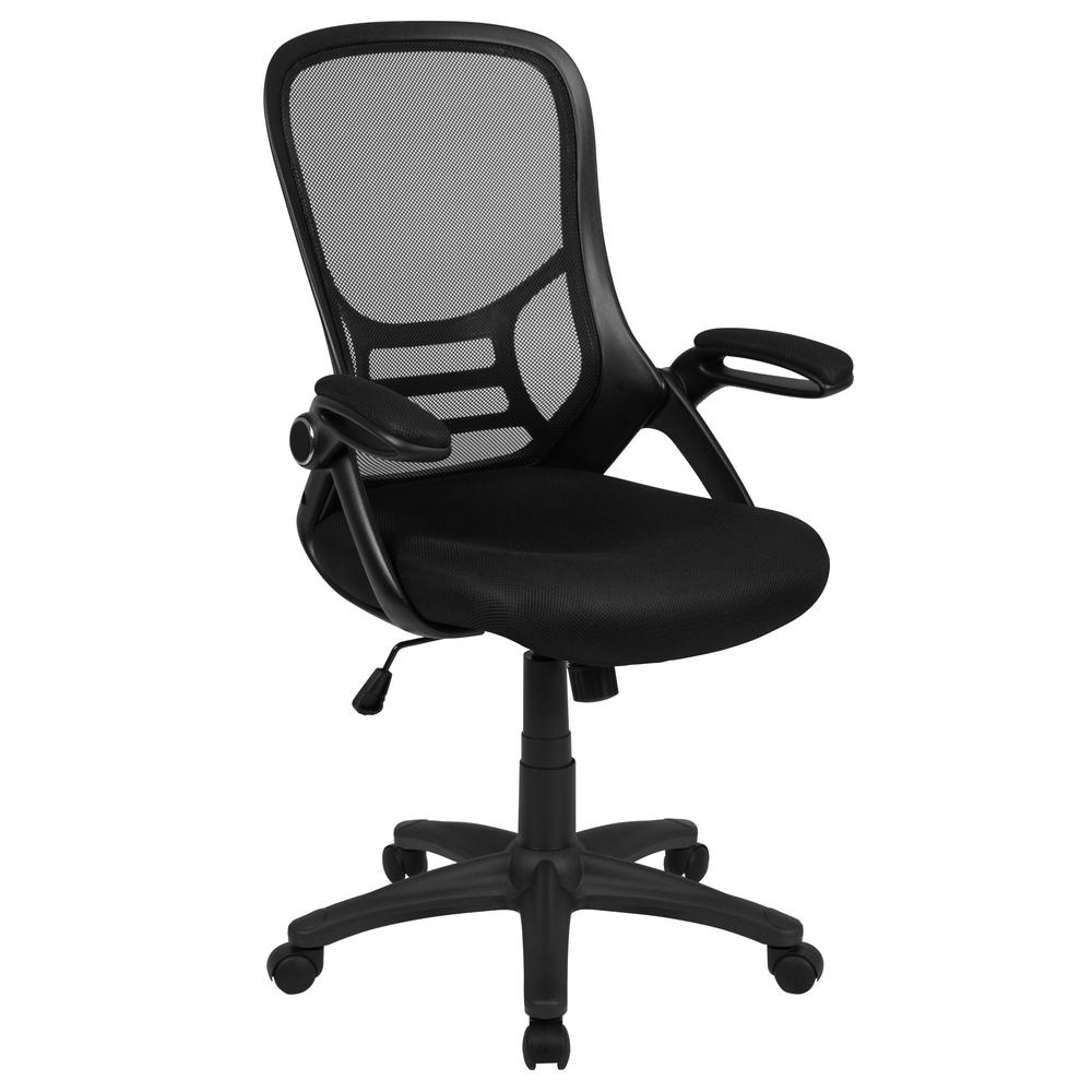 High Back Black Mesh Ergonomic Swivel Office Chair with Black Frame and Flip-up Arms. The main picture.