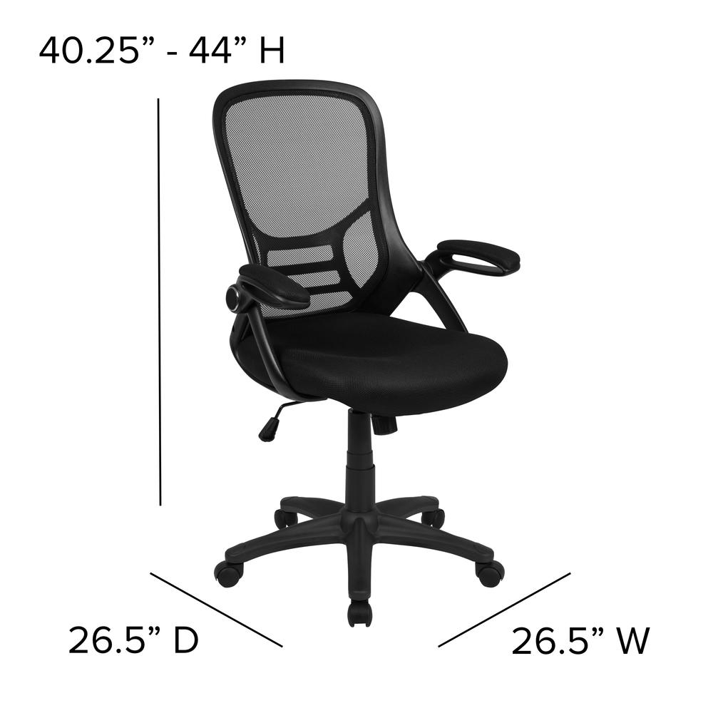 High Back Black Mesh Ergonomic Swivel Office Chair with Black Frame and Flip-up Arms. Picture 4