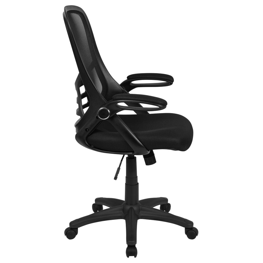 High Back Black Mesh Ergonomic Swivel Office Chair with Black Frame and Flip-up Arms. Picture 3