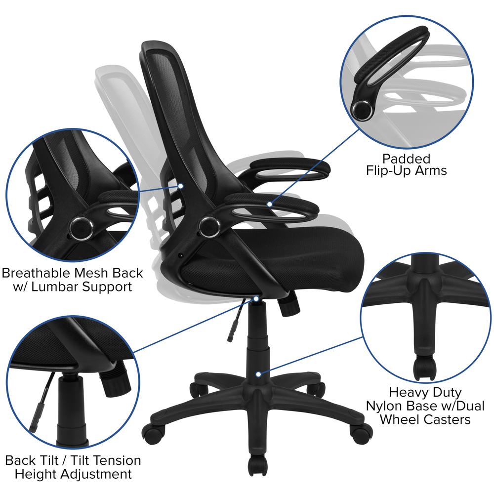 High Back Black Mesh Ergonomic Swivel Office Chair with Black Frame and Flip-up Arms. Picture 6