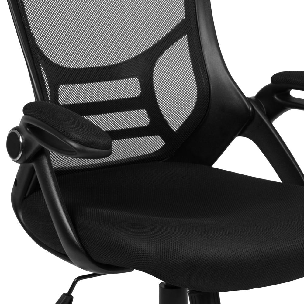 High Back Black Mesh Ergonomic Swivel Office Chair with Black Frame and Flip-up Arms. Picture 7