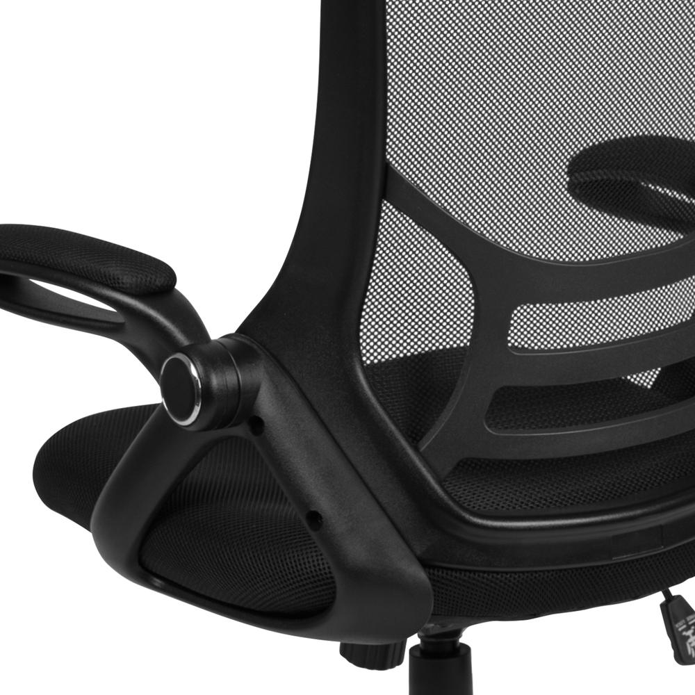 High Back Black Mesh Ergonomic Swivel Office Chair with Black Frame and Flip-up Arms. Picture 8