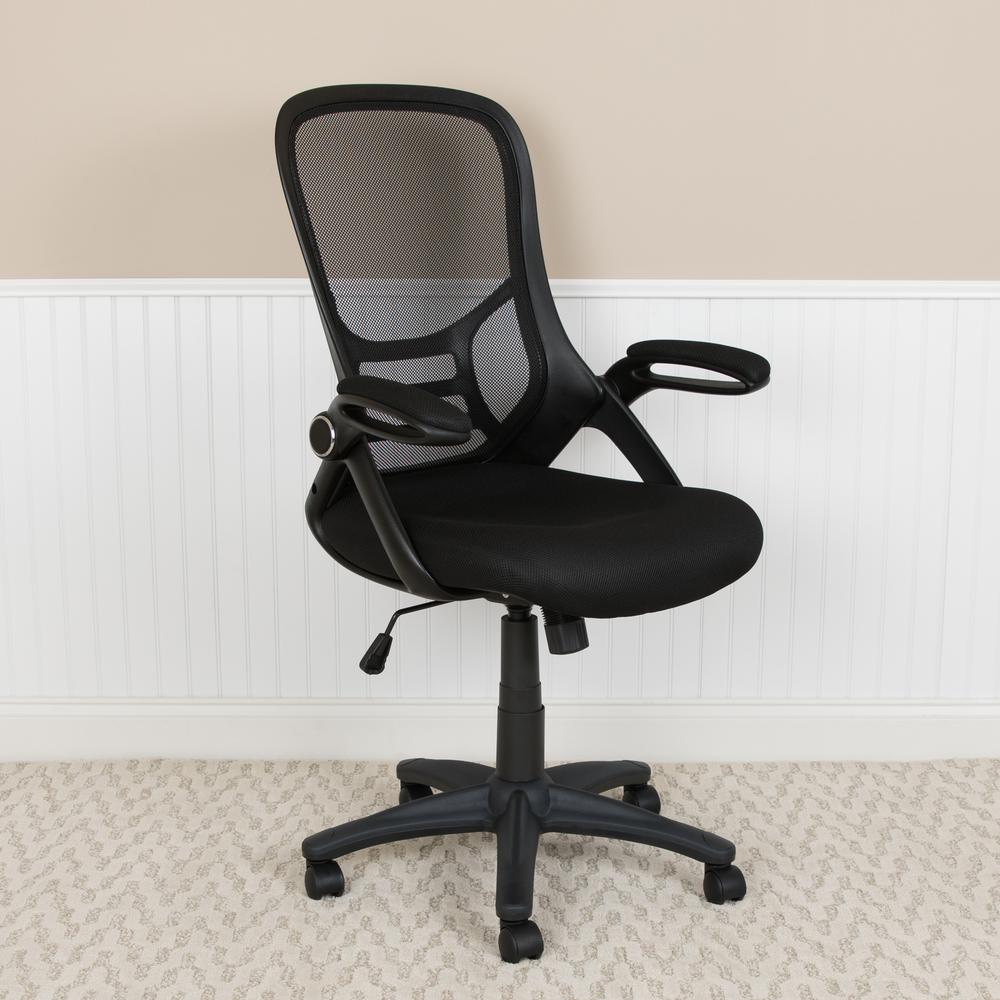 High Back Black Mesh Ergonomic Swivel Office Chair with Black Frame and Flip-up Arms. Picture 11