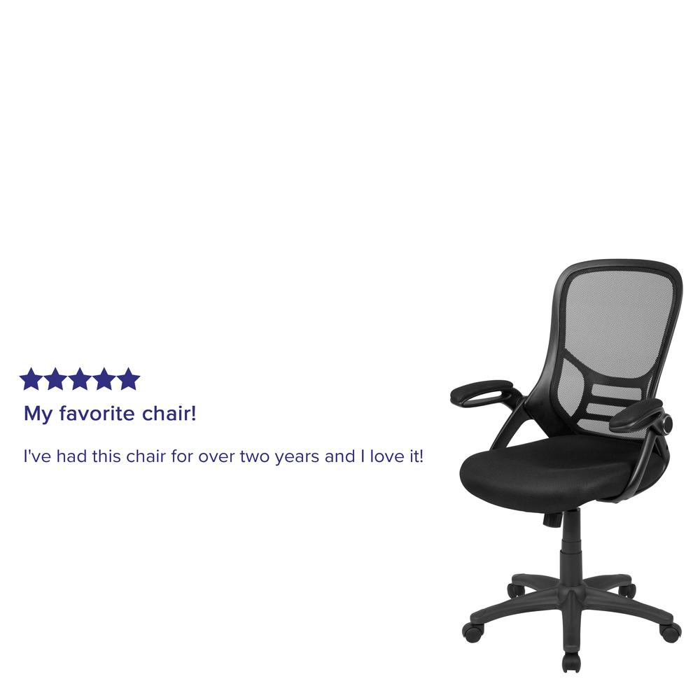 High Back Black Mesh Ergonomic Swivel Office Chair with Black Frame and Flip-up Arms. Picture 12