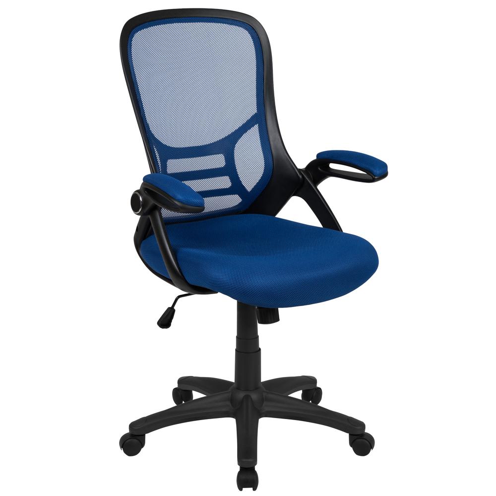 High Back Blue Mesh Ergonomic Swivel Office Chair with Black Frame and Flip-up Arms. Picture 1