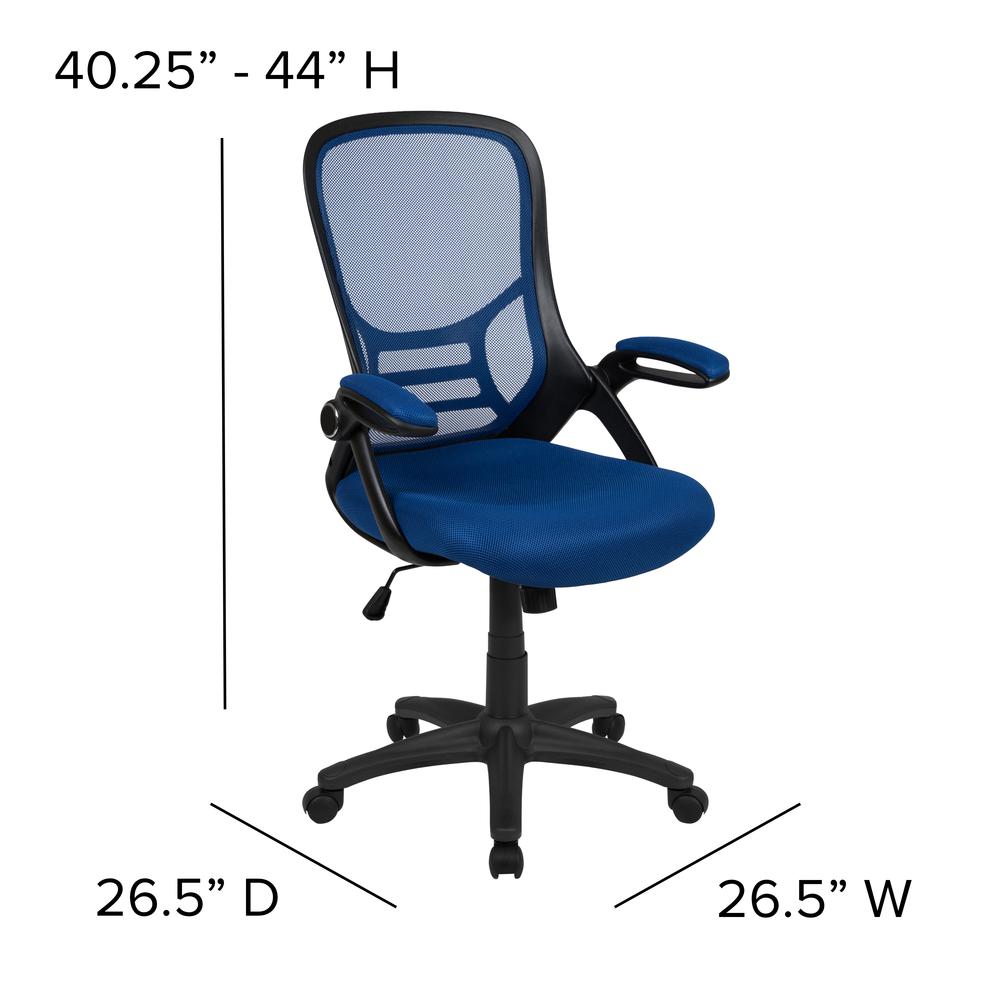 High Back Blue Mesh Ergonomic Swivel Office Chair with Black Frame and Flip-up Arms. Picture 2