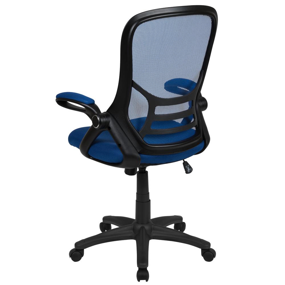 High Back Blue Mesh Ergonomic Swivel Office Chair with Black Frame and Flip-up Arms. Picture 5