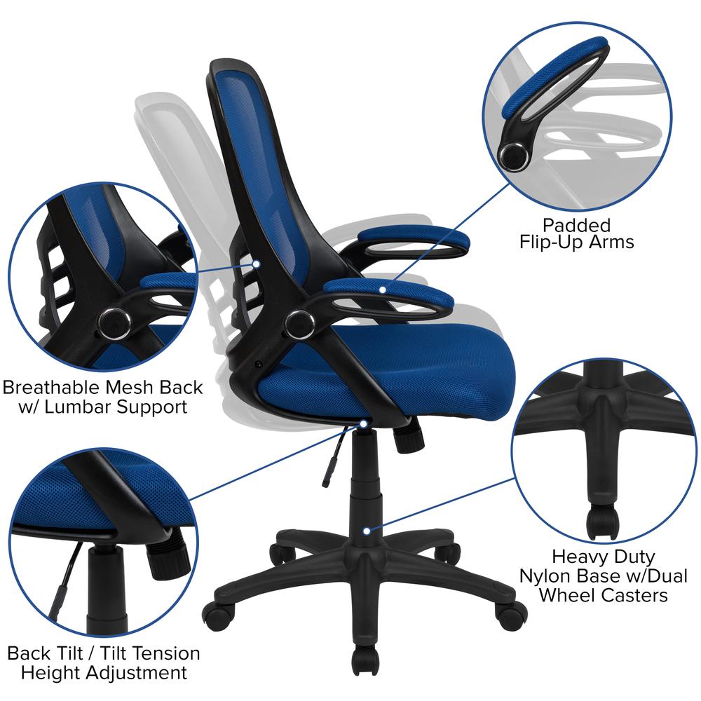 High Back Blue Mesh Ergonomic Swivel Office Chair with Black Frame and Flip-up Arms. Picture 6