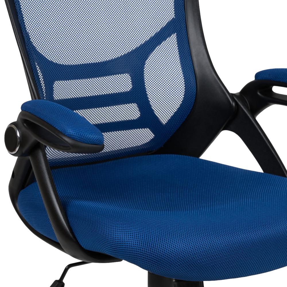 High Back Blue Mesh Ergonomic Swivel Office Chair with Black Frame and Flip-up Arms. Picture 7
