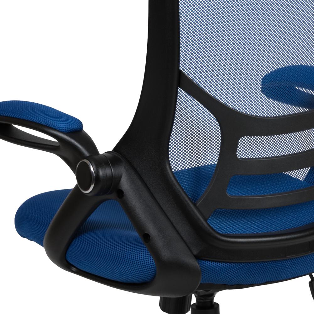 High Back Blue Mesh Ergonomic Swivel Office Chair with Black Frame and Flip-up Arms. Picture 8