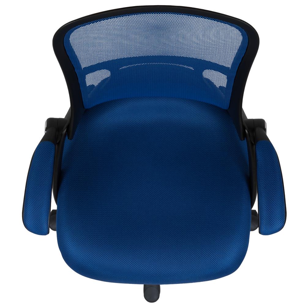 High Back Blue Mesh Ergonomic Swivel Office Chair with Black Frame and Flip-up Arms. Picture 9