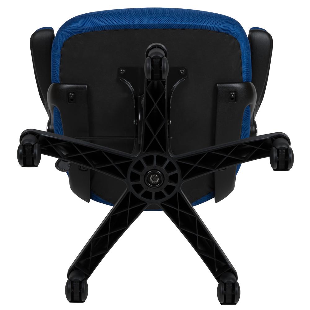High Back Blue Mesh Ergonomic Swivel Office Chair with Black Frame and Flip-up Arms. Picture 10