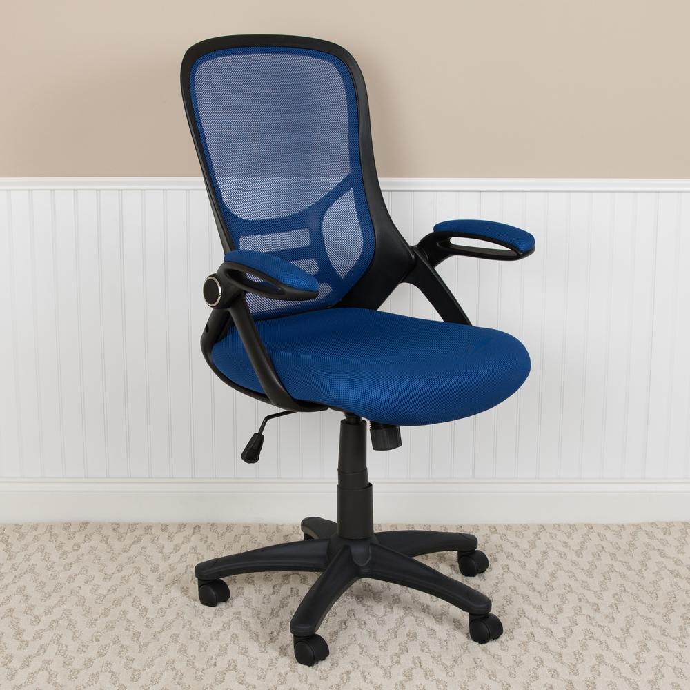 High Back Blue Mesh Ergonomic Swivel Office Chair with Black Frame and Flip-up Arms. Picture 3