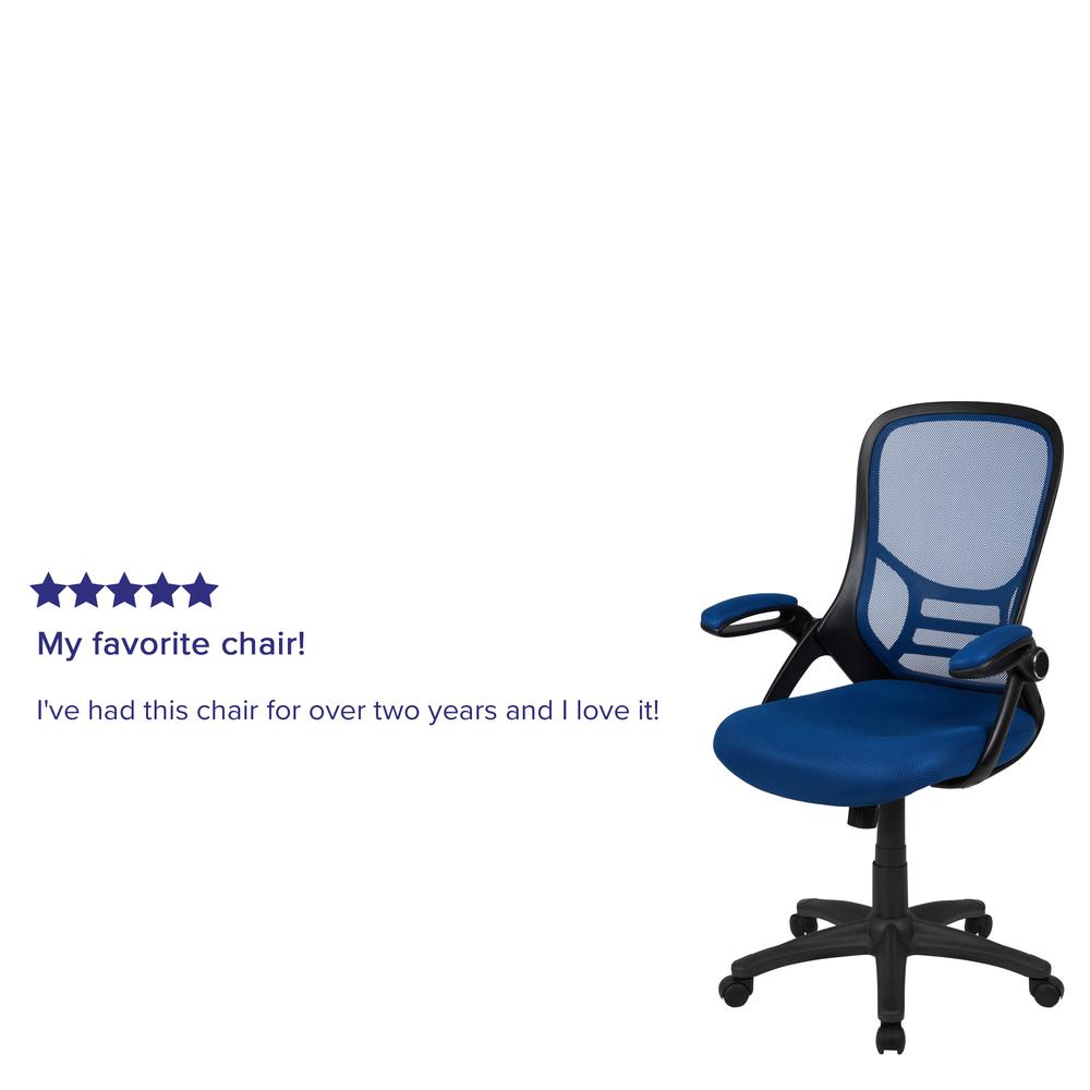 High Back Blue Mesh Ergonomic Swivel Office Chair with Black Frame and Flip-up Arms. Picture 12
