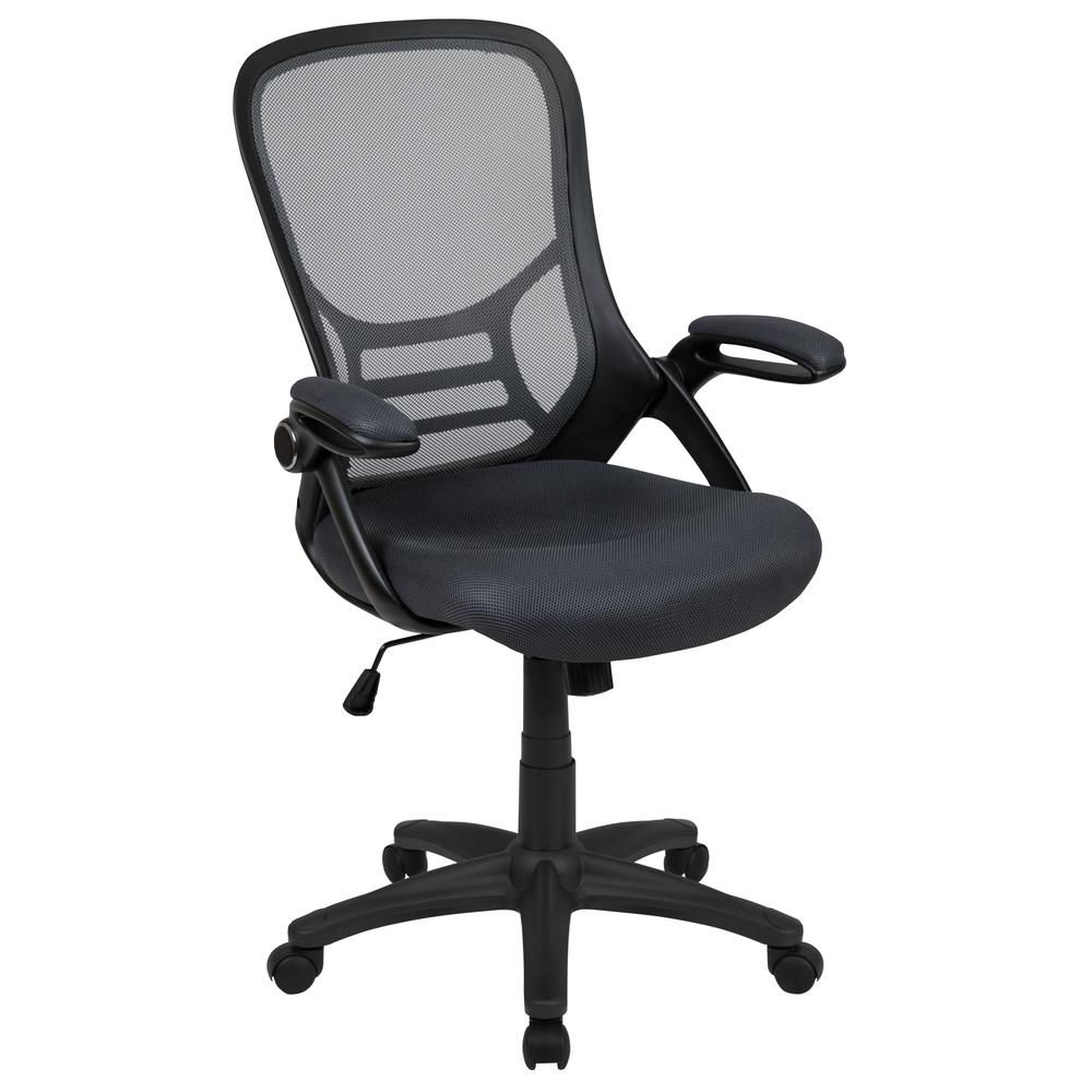 High Back Dark Gray Mesh Ergonomic Swivel Office Chair with Black Frame and Flip-up Arms. The main picture.