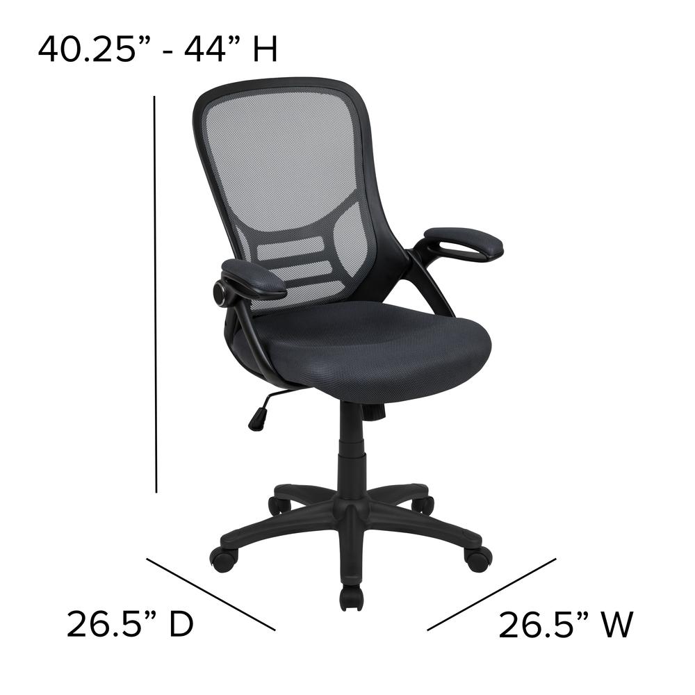 High Back Dark Gray Mesh Ergonomic Swivel Office Chair with Black Frame and Flip-up Arms. Picture 4