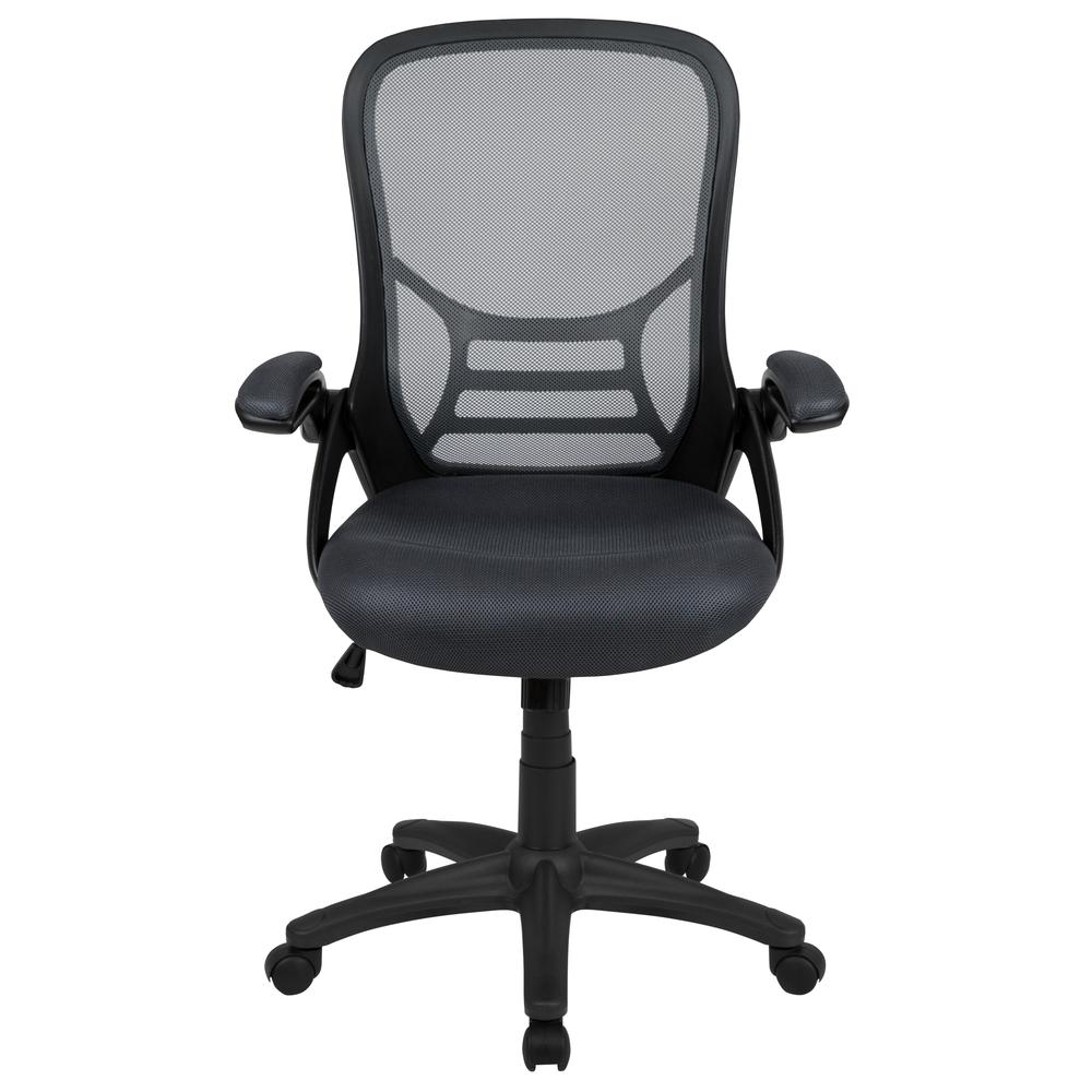 High Back Dark Gray Mesh Ergonomic Swivel Office Chair with Black Frame and Flip-up Arms. Picture 5