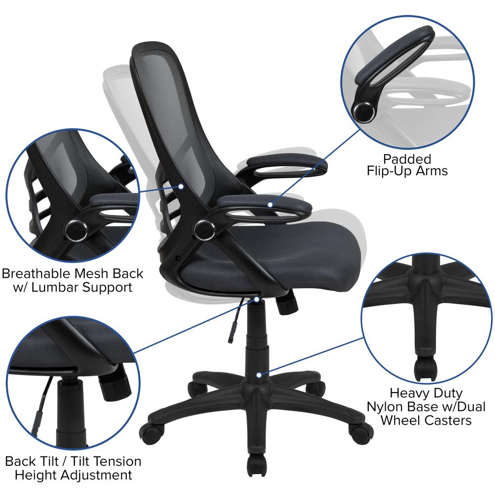 High Back Dark Gray Mesh Ergonomic Swivel Office Chair with Black Frame and Flip-up Arms. Picture 2
