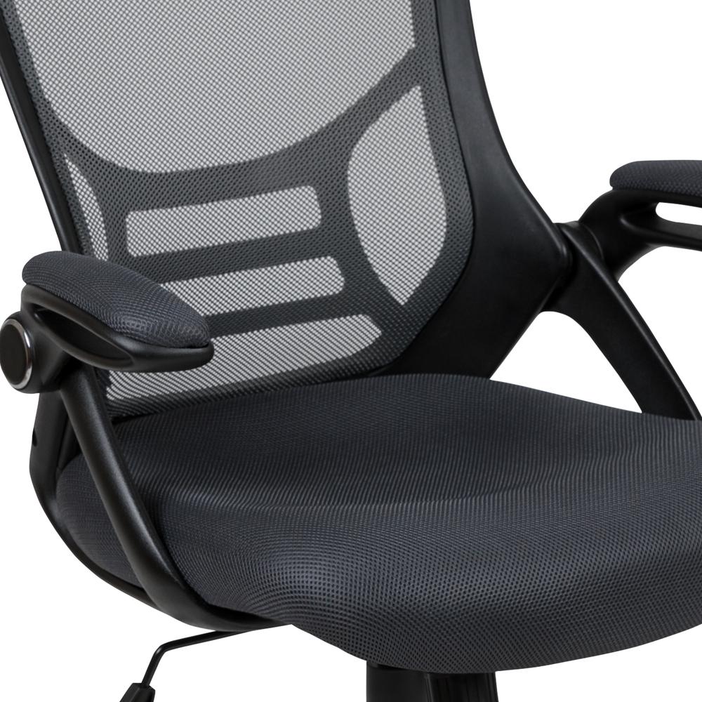 High Back Dark Gray Mesh Ergonomic Swivel Office Chair with Black Frame and Flip-up Arms. Picture 7
