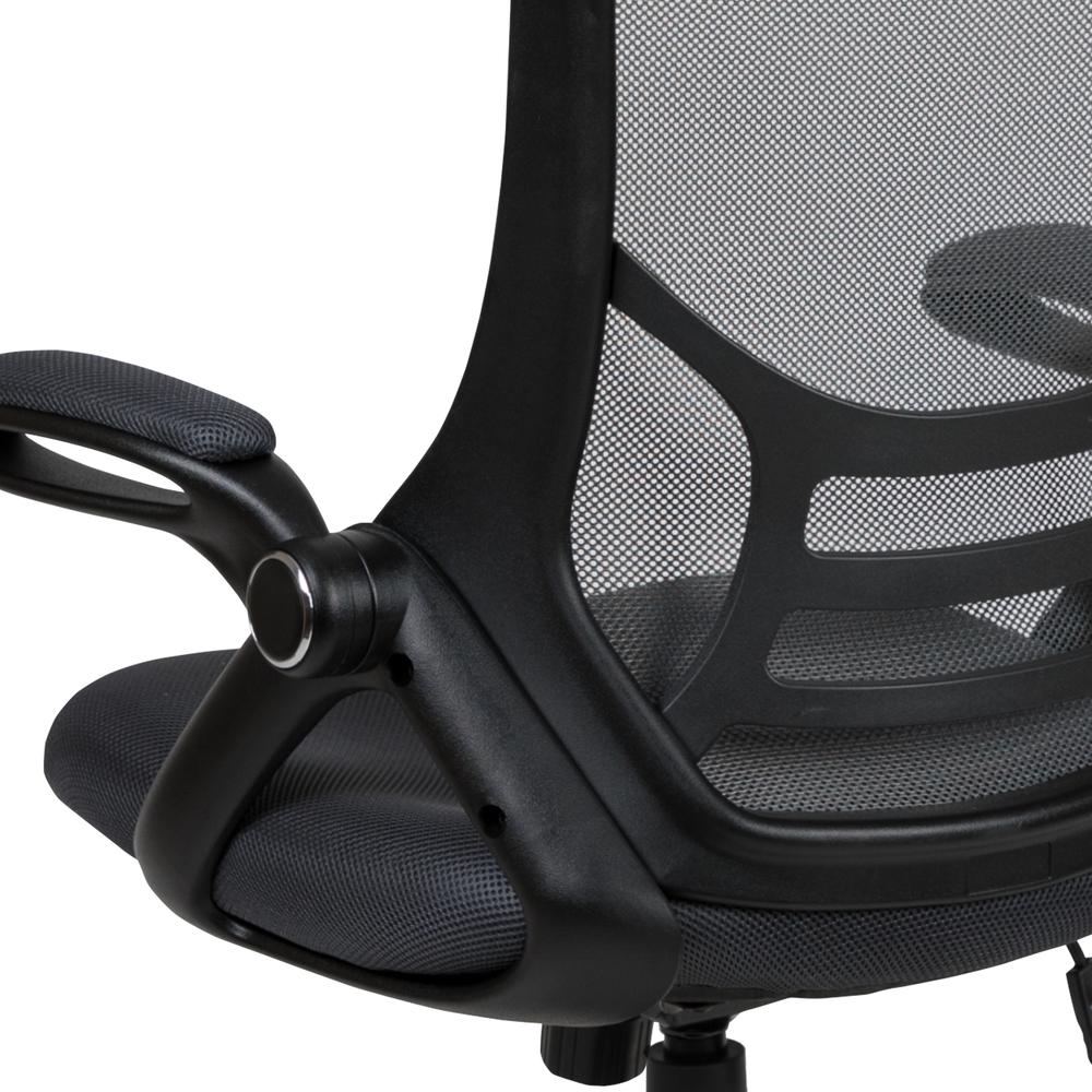 High Back Dark Gray Mesh Ergonomic Swivel Office Chair with Black Frame and Flip-up Arms. Picture 8