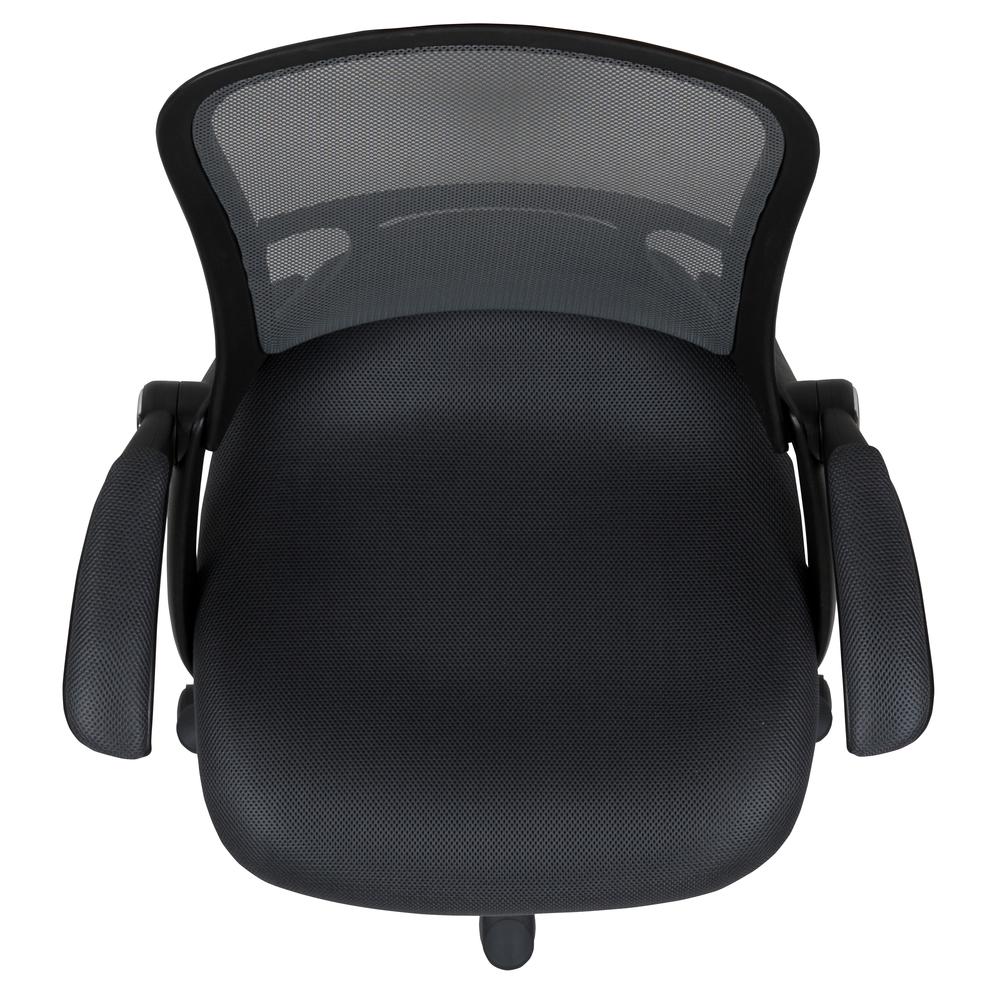 High Back Dark Gray Mesh Ergonomic Swivel Office Chair with Black Frame and Flip-up Arms. Picture 9