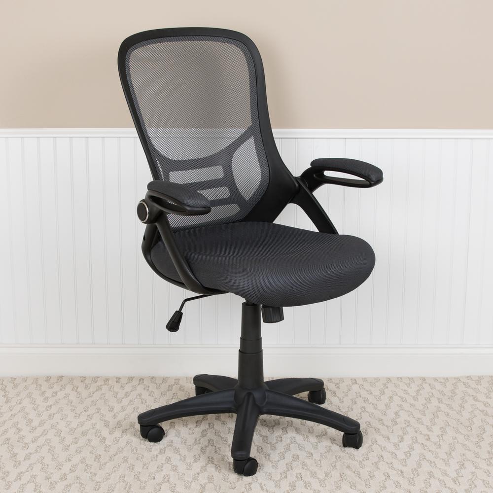 High Back Dark Gray Mesh Ergonomic Swivel Office Chair with Black Frame and Flip-up Arms. Picture 3