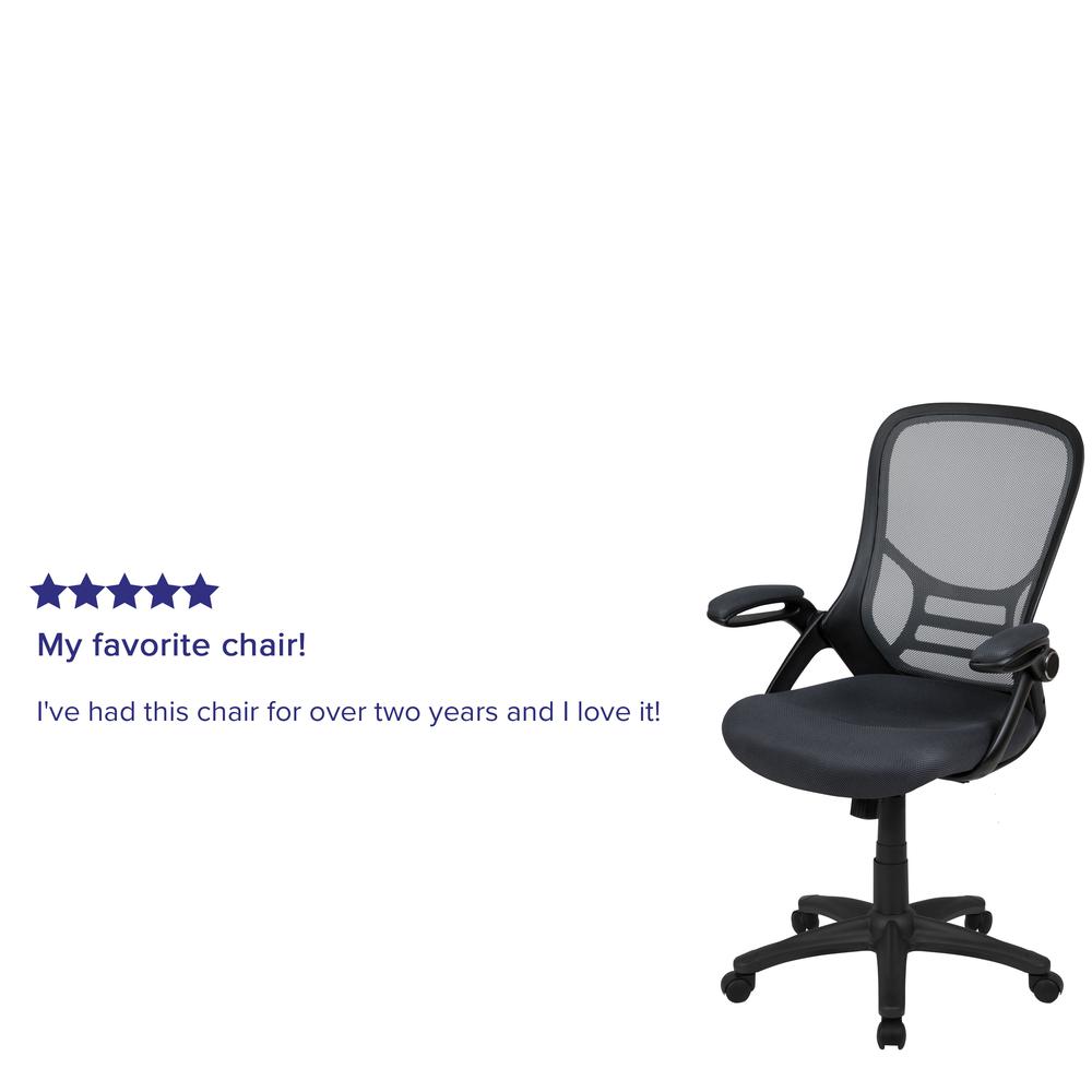 High Back Dark Gray Mesh Ergonomic Swivel Office Chair with Black Frame and Flip-up Arms. Picture 12
