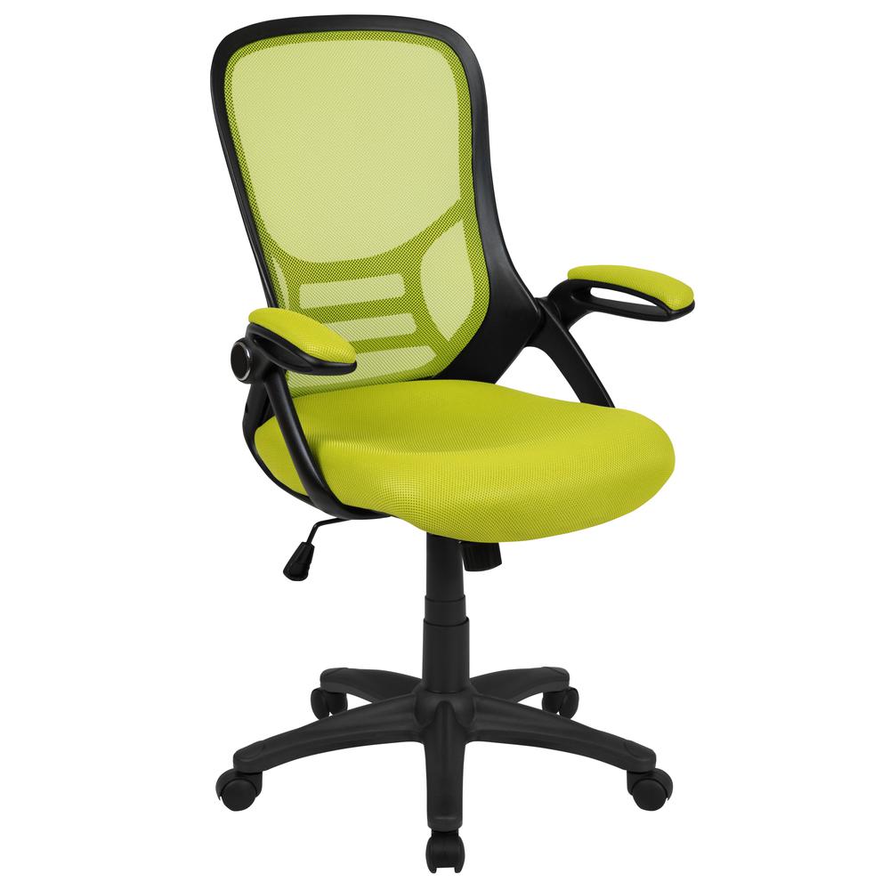 High Back Green Mesh Ergonomic Swivel Office Chair with Black Frame and Flip-up Arms. The main picture.