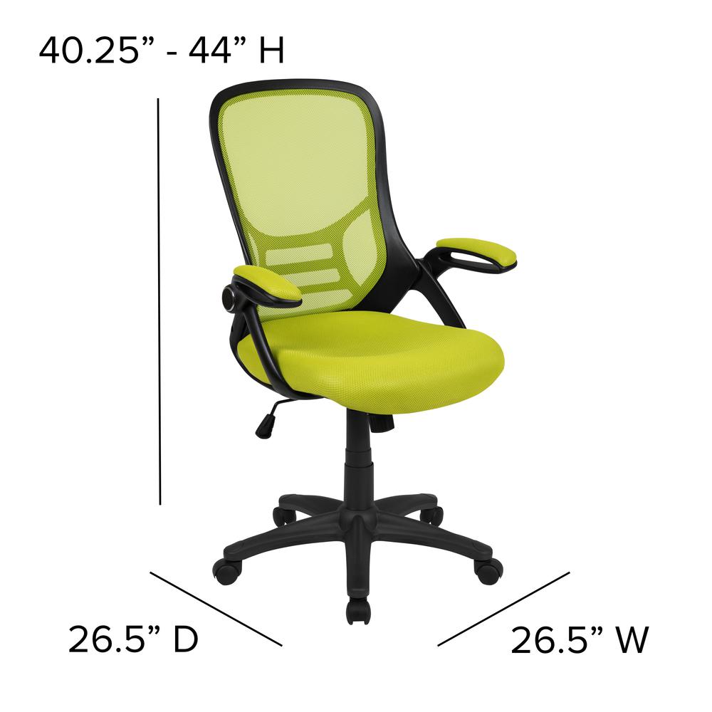 High Back Green Mesh Ergonomic Swivel Office Chair with Black Frame and Flip-up Arms. Picture 2