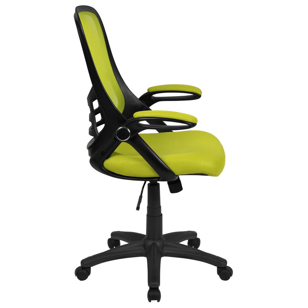 High Back Green Mesh Ergonomic Swivel Office Chair with Black Frame and Flip-up Arms. Picture 3