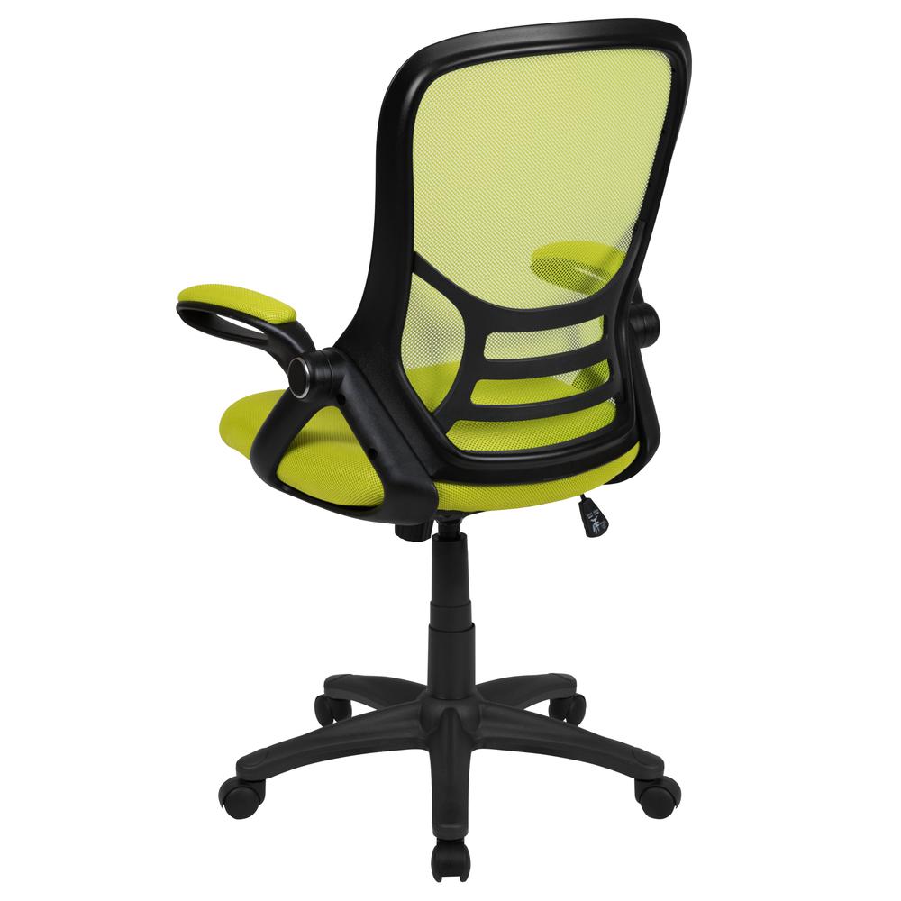 High Back Green Mesh Ergonomic Swivel Office Chair with Black Frame and Flip-up Arms. Picture 4