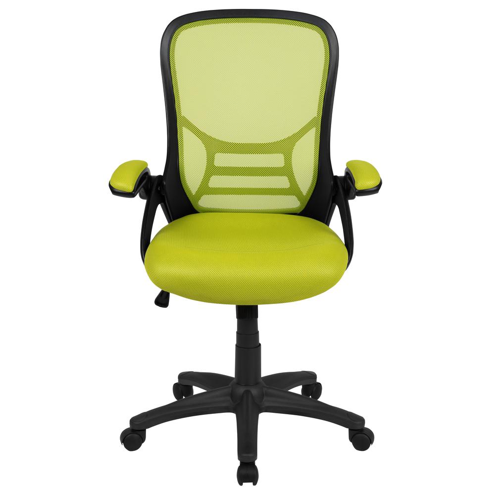 High Back Green Mesh Ergonomic Swivel Office Chair with Black Frame and Flip-up Arms. Picture 5