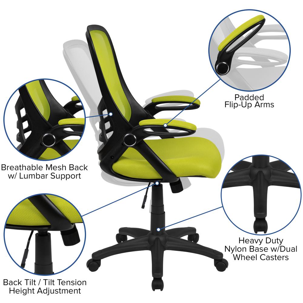 High Back Green Mesh Ergonomic Swivel Office Chair with Black Frame and Flip-up Arms. Picture 6